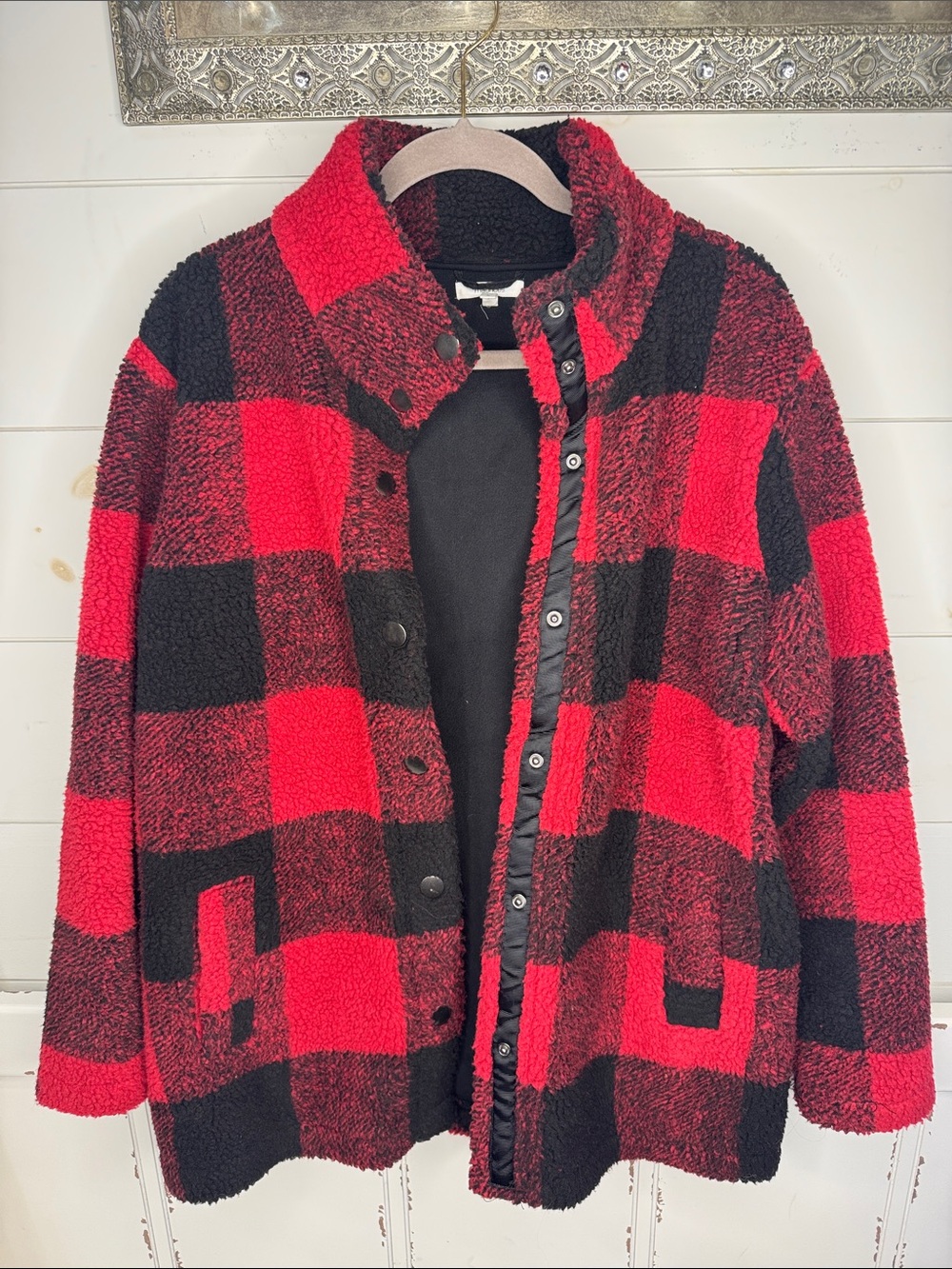 Maurices Women’s Red and Black Buffalo Plaid Sherpa Puffer Jacket